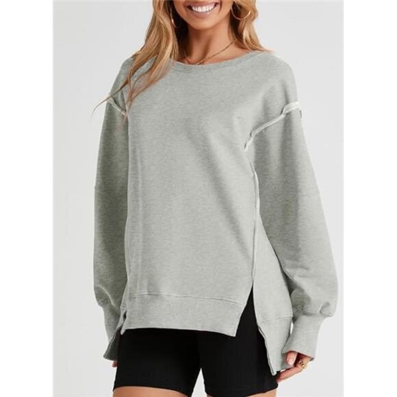 Oversized Reverse Seam Sweatshirt, Casual Long Sleeve Lightweight Pullover, Gray - Picture 3 of 7